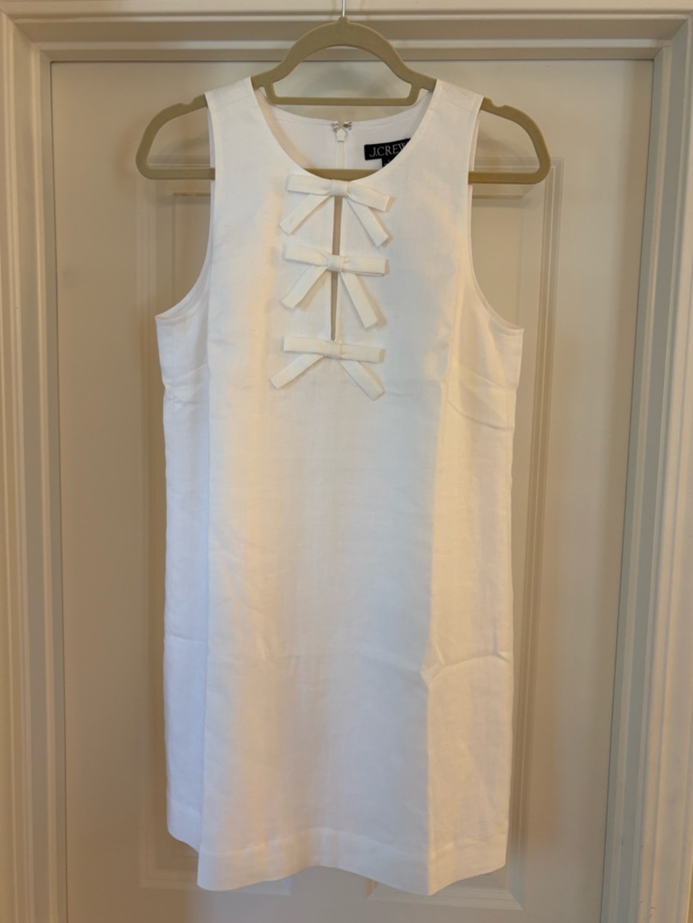 NWT J. Crew White Sleeveless Bow-front Stretch Linen Blend Shift Dress, Size S